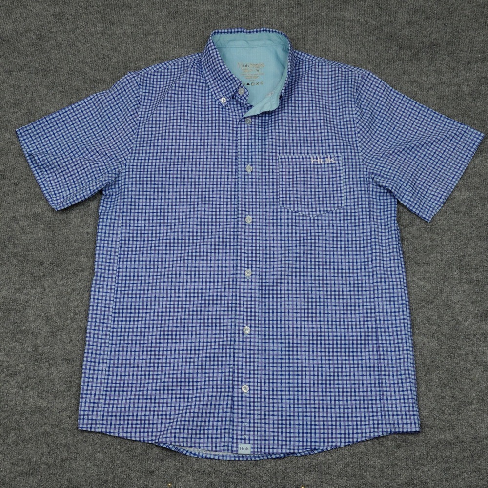 Huk Shirt Mens Small Blue Gingham Performance Short Sleeve Button Down Fishing